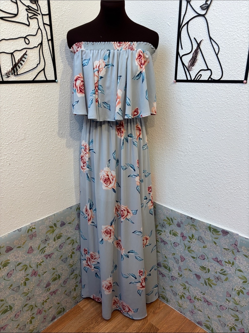 Show Me Your Mumu off shoulder blue pink & white floral maxi dress. Size L.